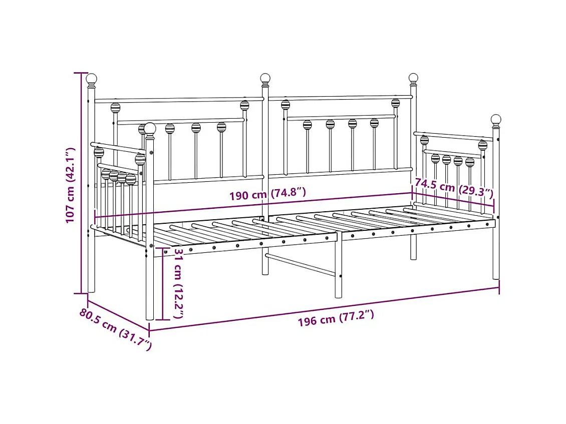 Cadre de lit de jour avec tête de lit Noir 75 x 190 cm Acier