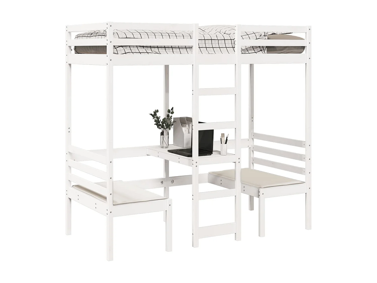 Hoogslaper met bureau en stoelen grenenhout wit 90x200cm