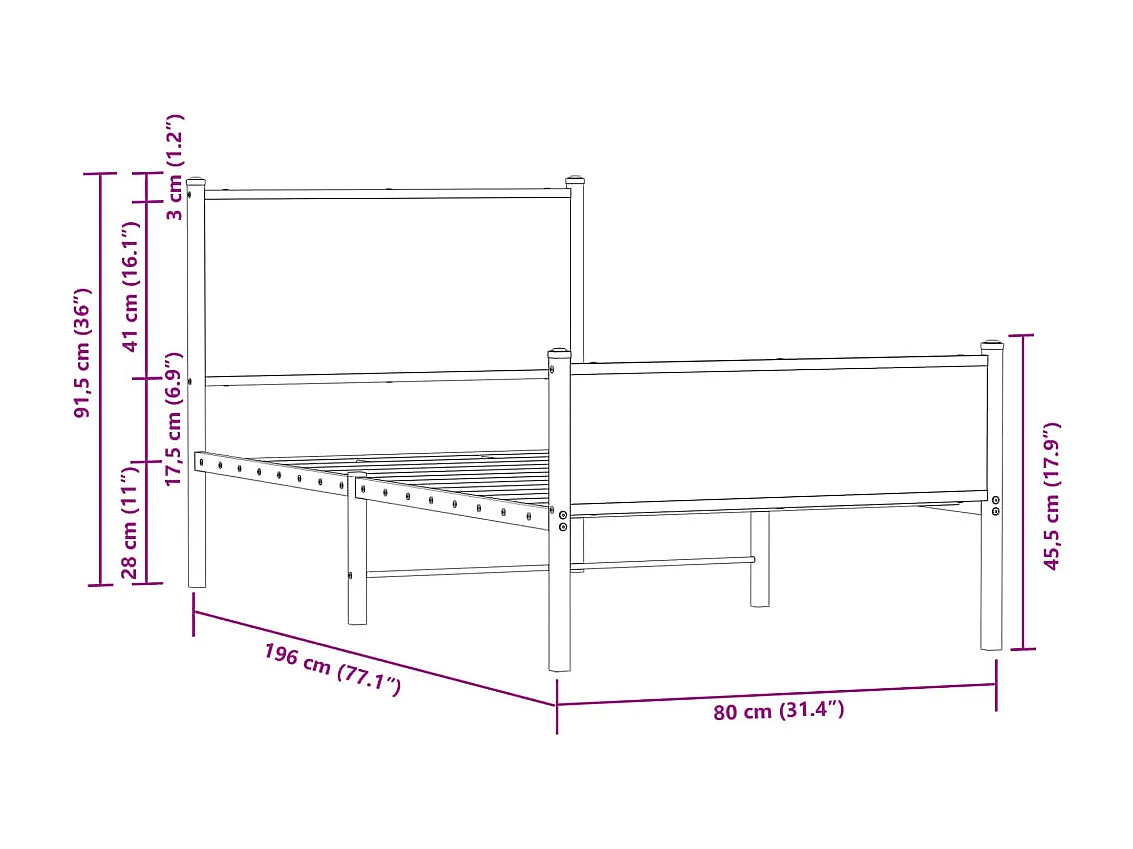 Cadre de lit en métal sans matelas chêne fumé 75x190 cm