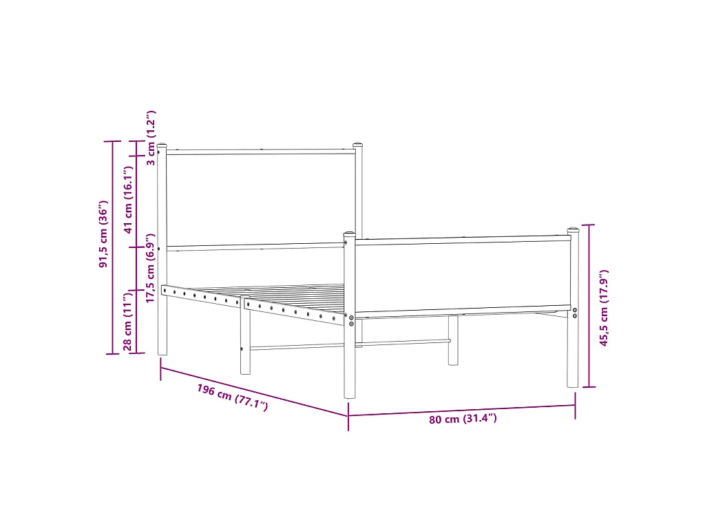 Bedframe zonder matras metaal gerookt eikenkleurig 75x190 cm