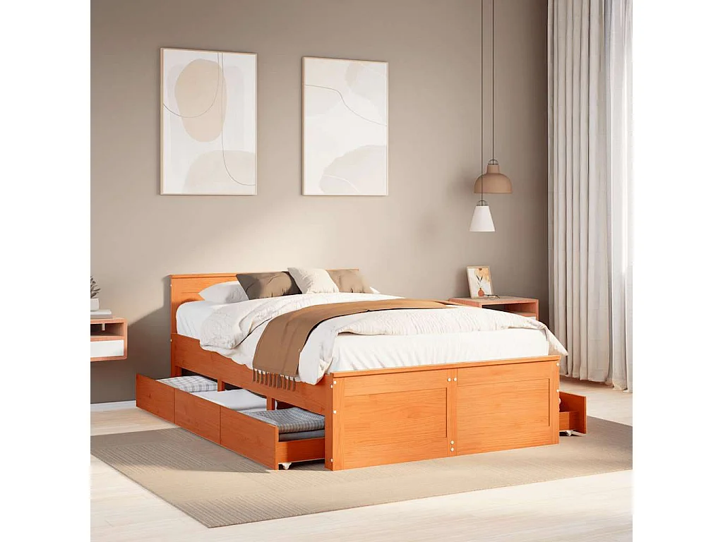 Cama sem colchão com cabeceira pinho maciço castanho-mel