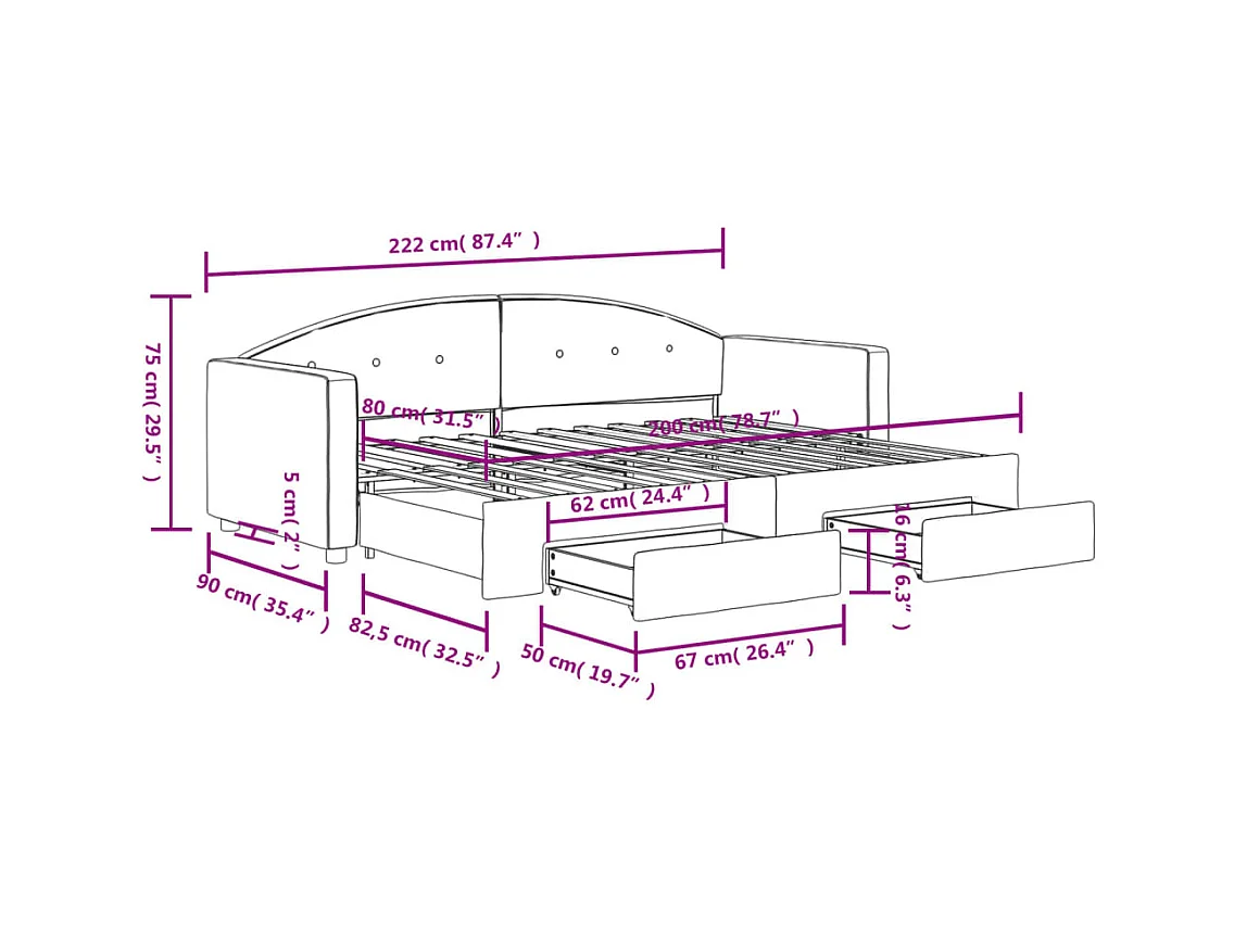 Tagesbett Ausziehbar mit Schubladen Dunkelgrau 80x200 cm Samt