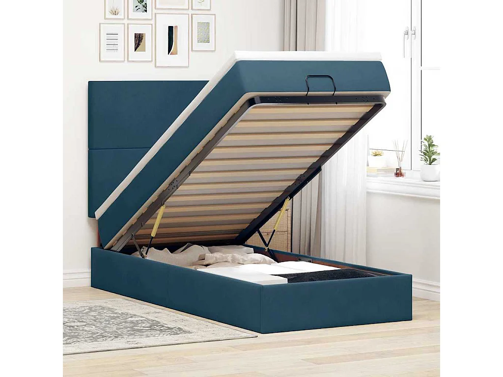 Estrutura cama otomana colchões 80x200 cm veludo azul escuro