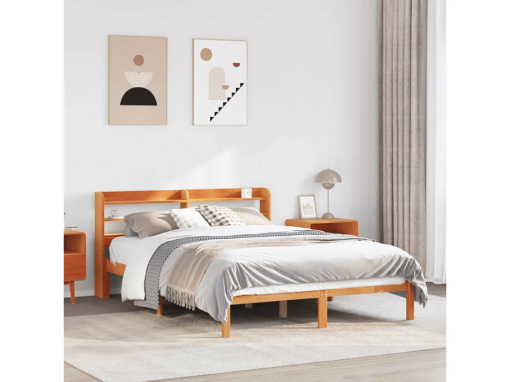 Cadre de lit et tête de lit sans matelas cire marron 135x190 cm