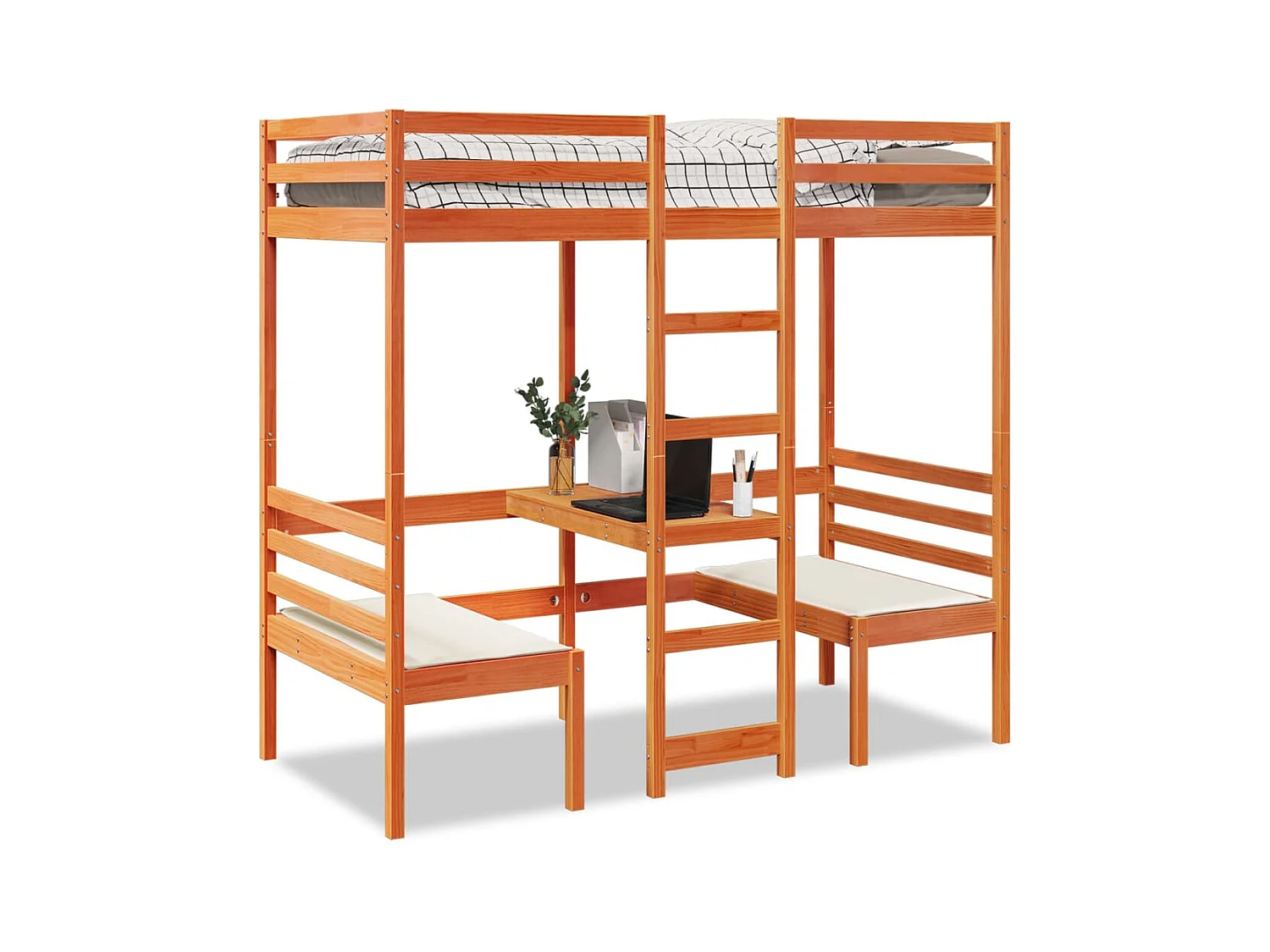 Lit mezzanine avec bureau et chaises brun cire 75x190 cm pin