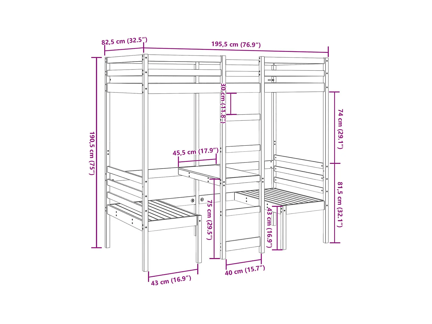 Lit mezzanine avec bureau et chaises brun cire 75x190 cm pin