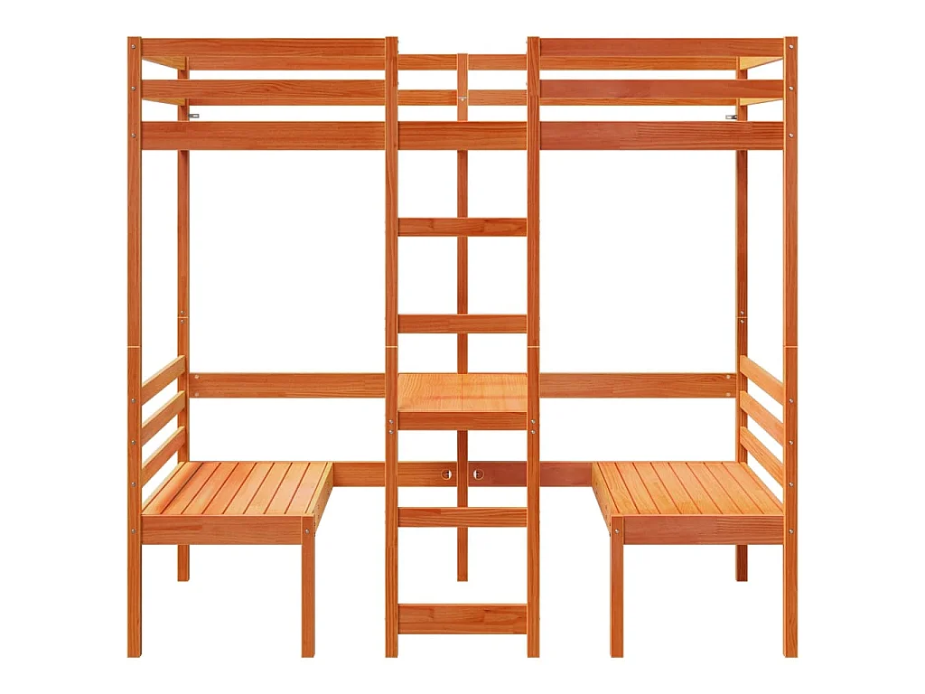 Lit mezzanine avec bureau et chaises brun cire 75x190 cm pin