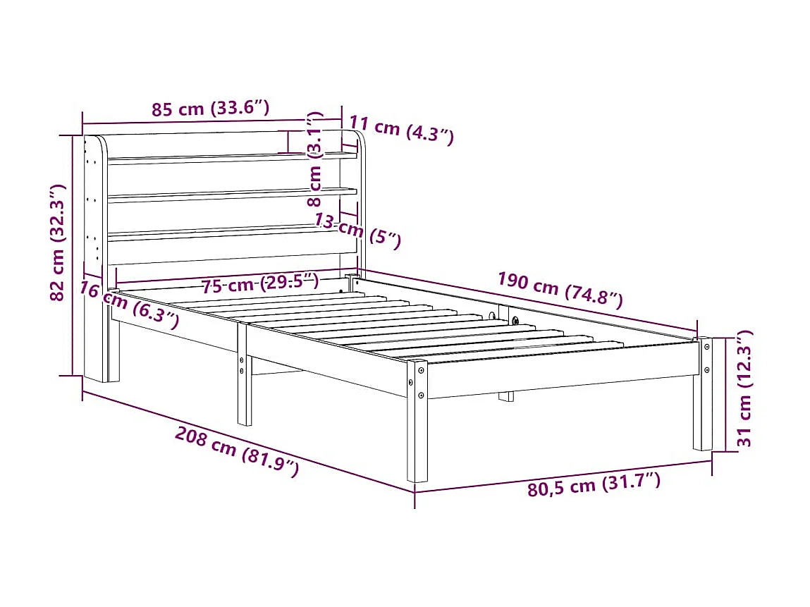 Cadre de lit sans matelas 75x190 cm bois de pin massif