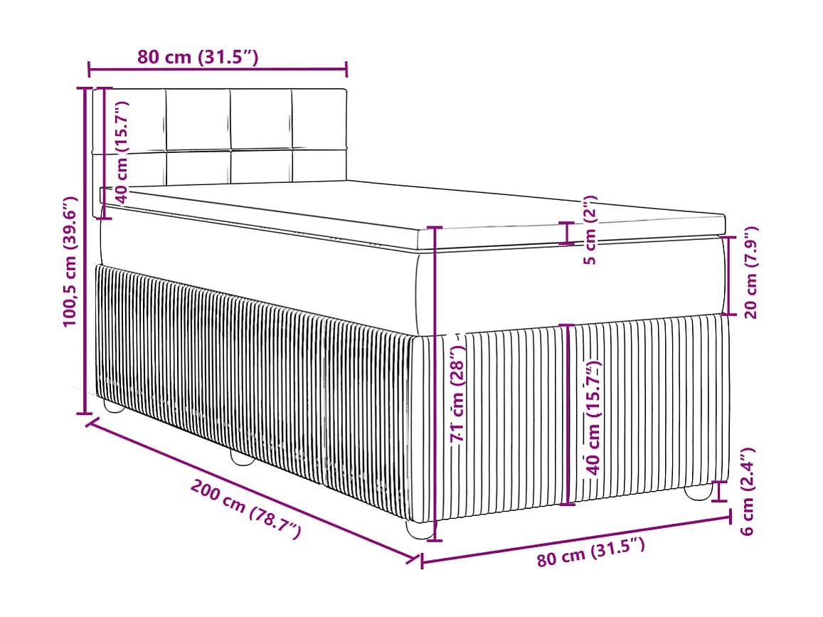 Cama box spring con colchón tela marrón oscuro 80x200 cm