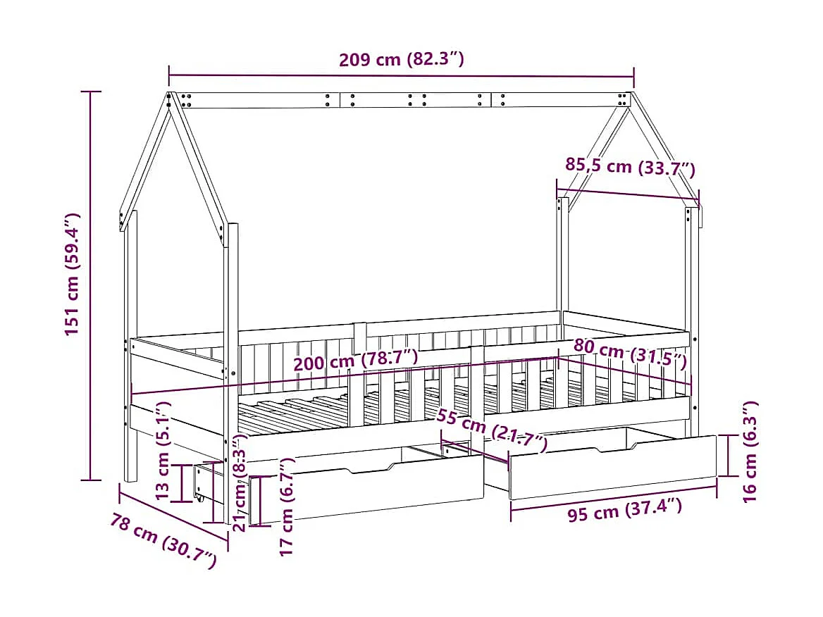 Kinderbedframe met lades 80x200 cm massief grenenhout