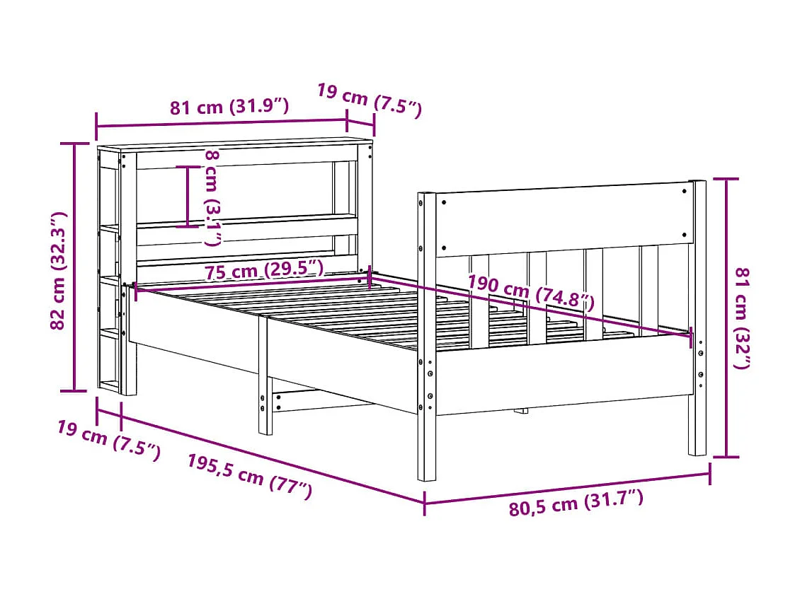 Bedframe zonder matras massief grenenhout wit 75x190 cm