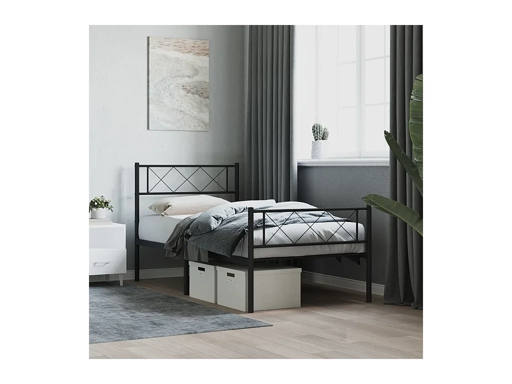 Cadre de lit métal sans matelas avec pied de lit noir 75x190 cm