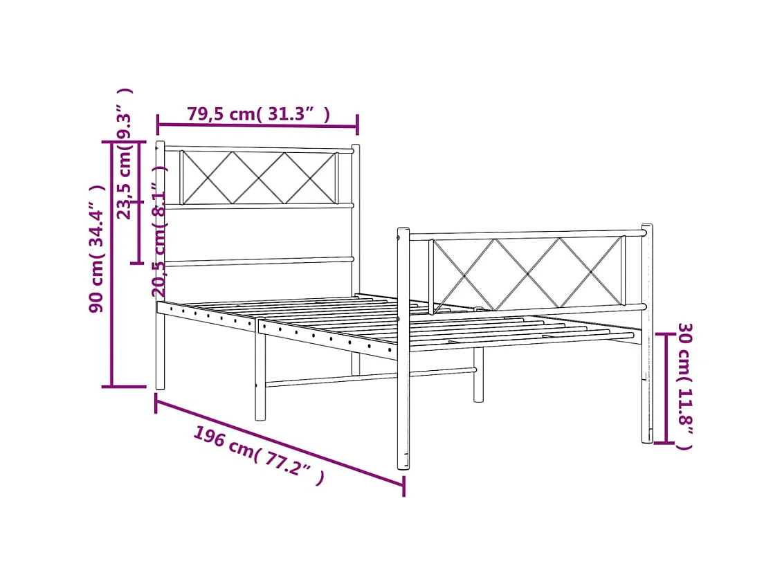 Cadre de lit métal sans matelas avec pied de lit noir 75x190 cm