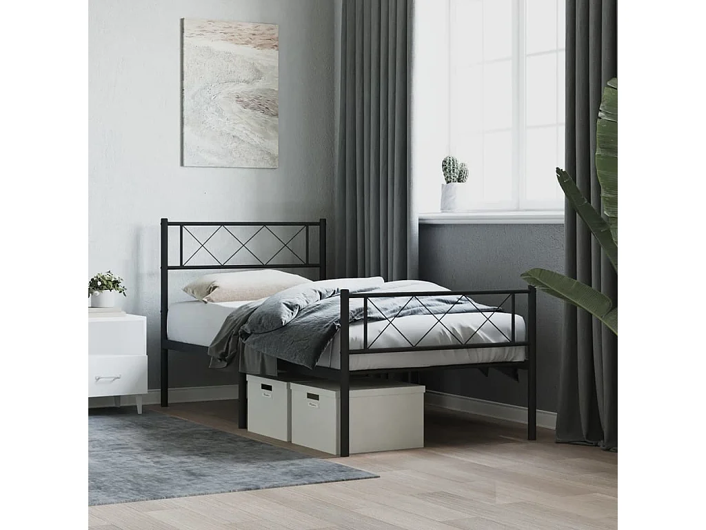Cadre de lit métal sans matelas avec pied de lit noir 75x190 cm