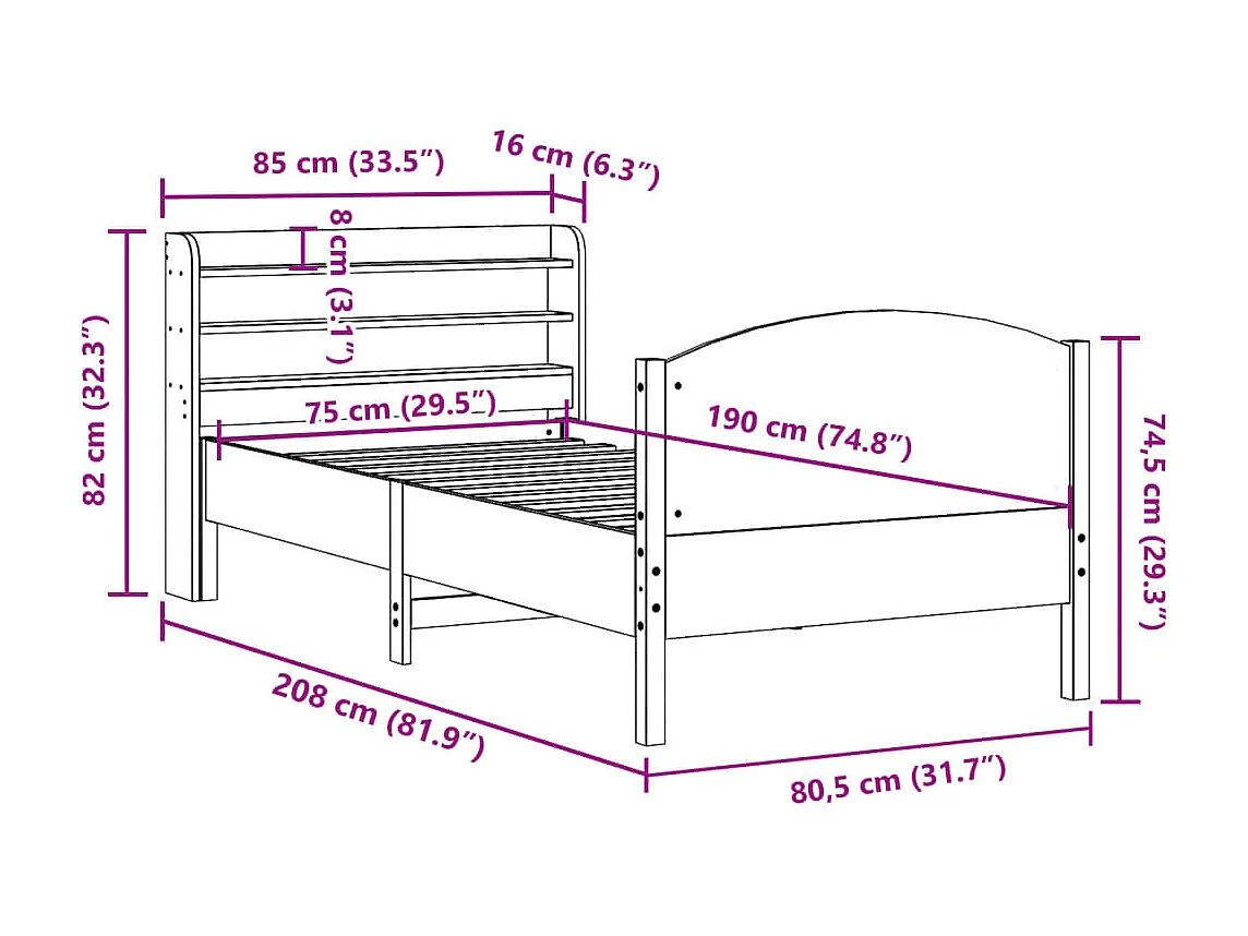 Cadre de lit sans matelas blanc 75x190 cm bois de pin massif