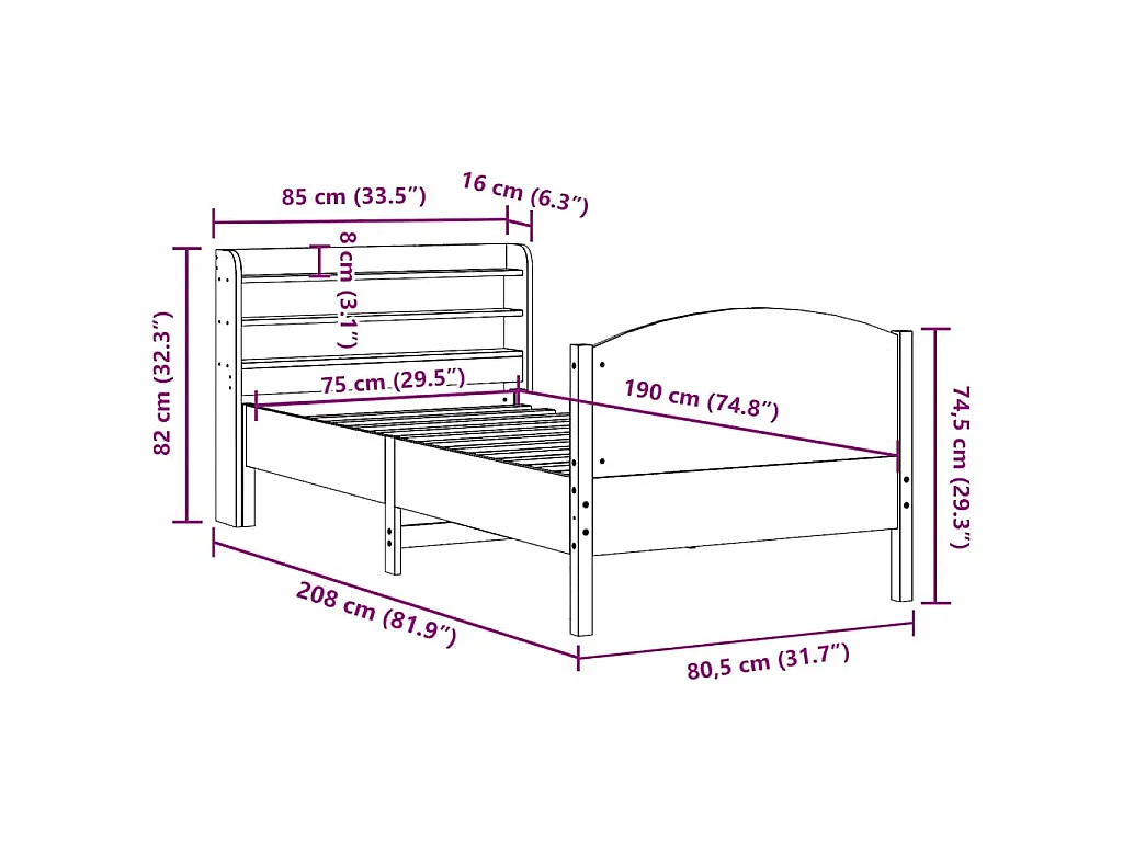 Bedframe zonder matras massief grenenhout wit 75x190 cm