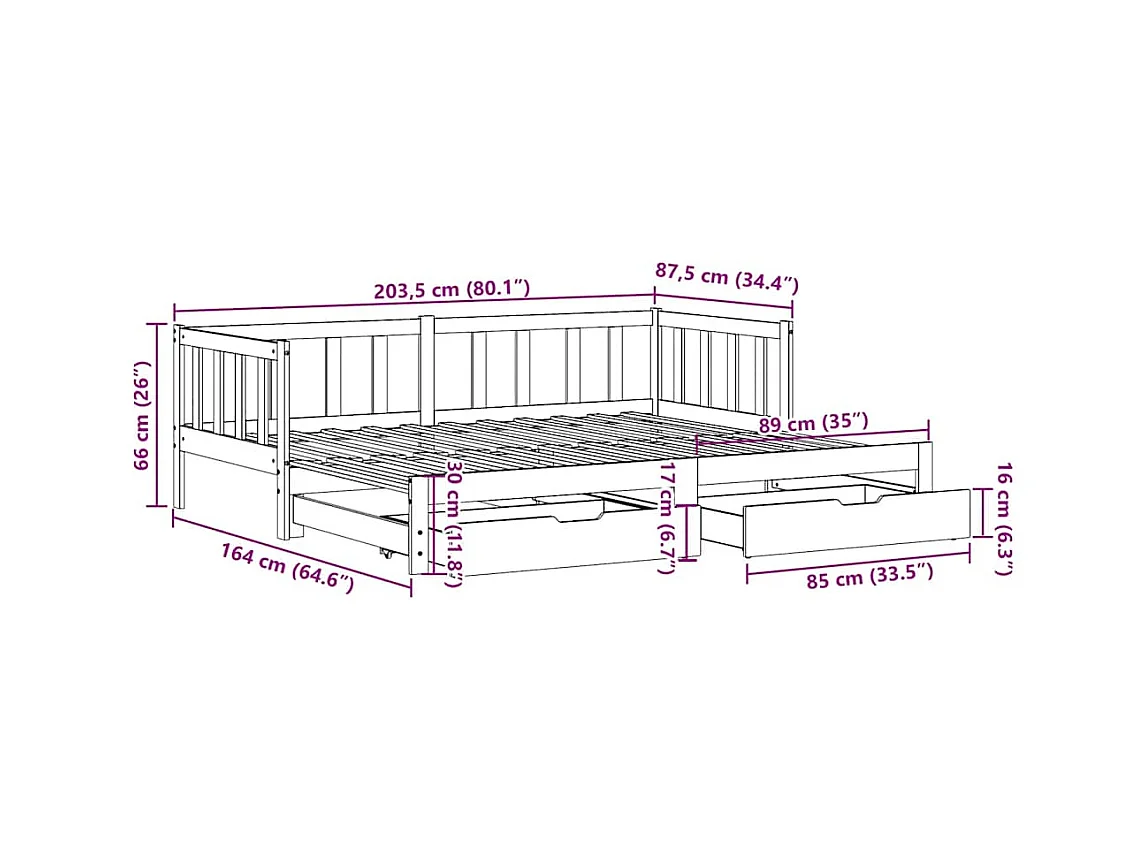 Lit de jour avec gigogne et tiroirs sans matelas 80x200 cm