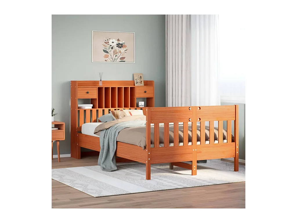 Cadre de lit sans matelas cire marron 135x190cm bois pin massif