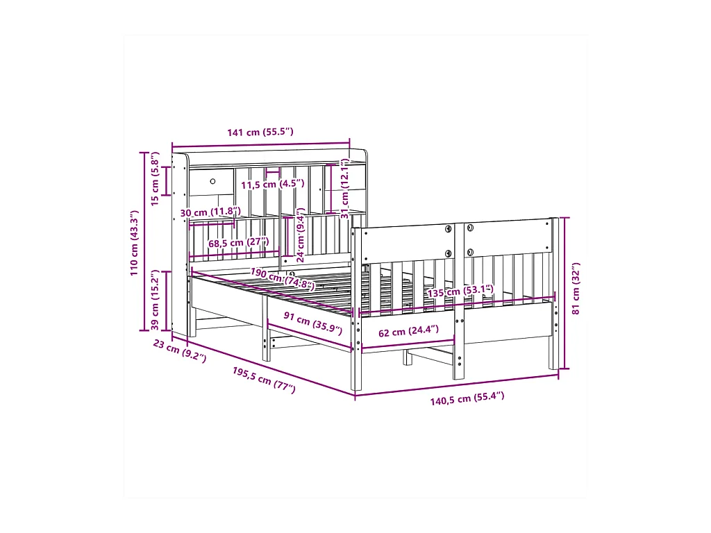 Cadre de lit sans matelas cire marron 135x190cm bois pin massif