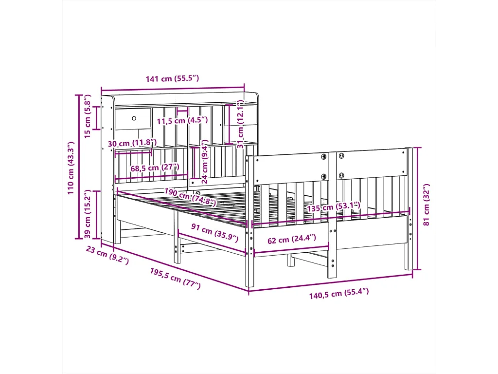 Bedframe zonder matras massief grenenhout wasbruin 135x190 cm