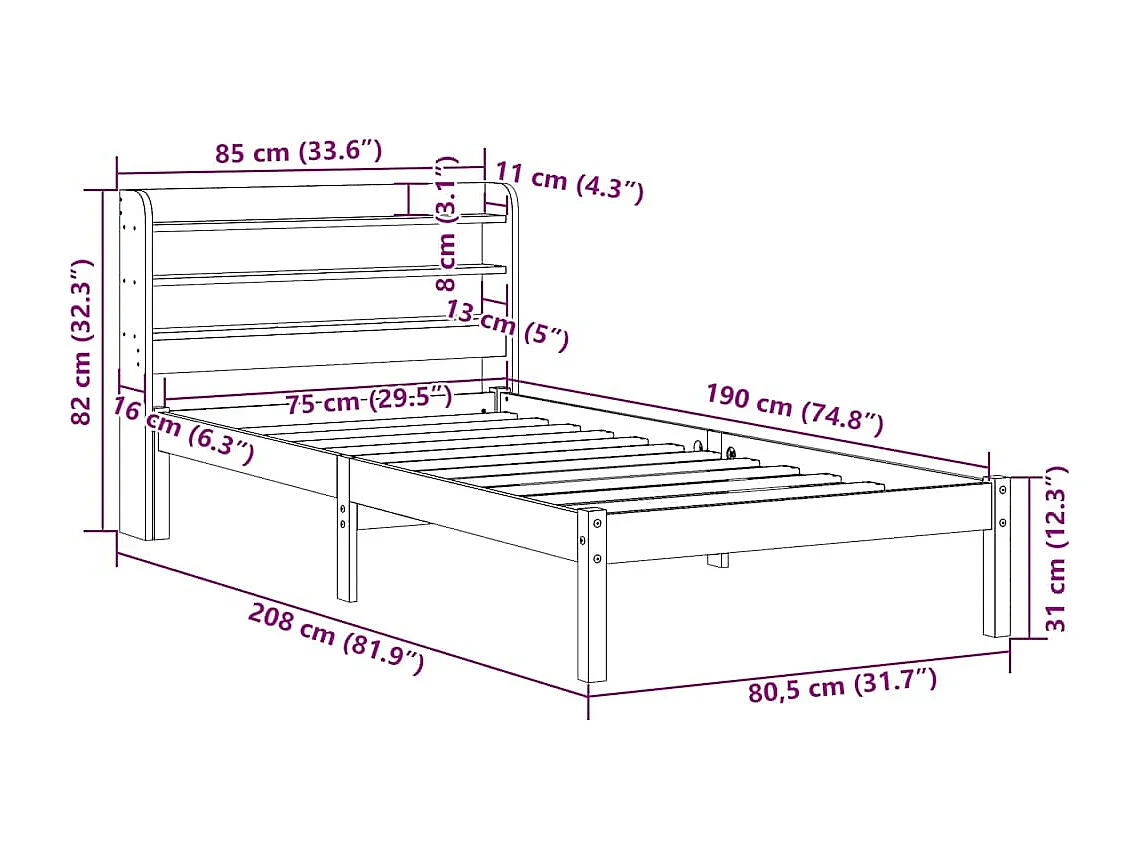 Cadre de lit sans matelas blanc 75x190 cm bois de pin massif