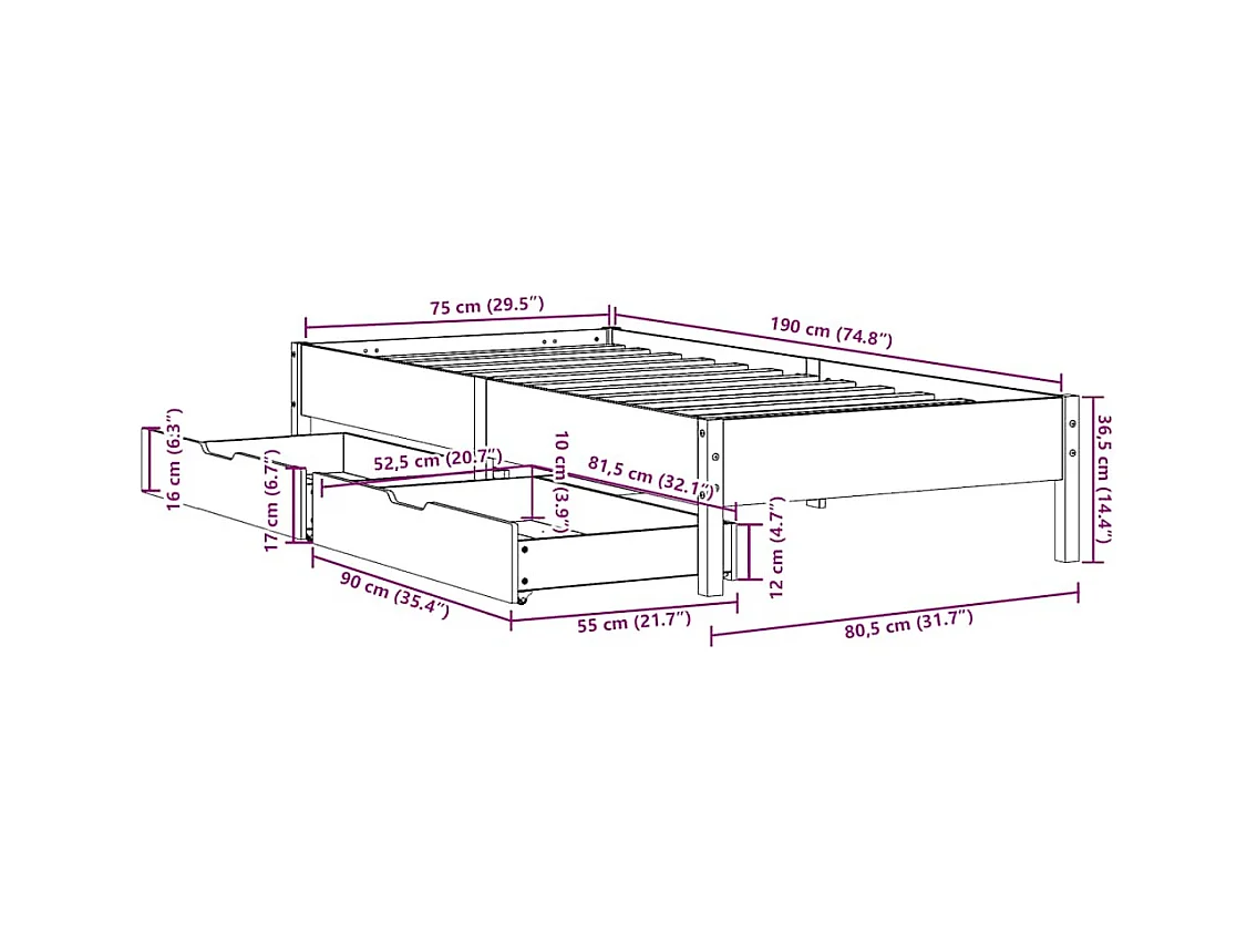 Letto senza Materasso Bianco 75x190 in Legno Massello di Pino