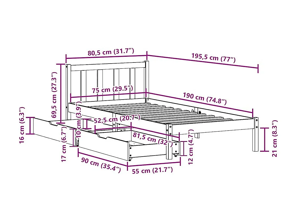 Bedframe zonder matras massief grenenhout 75x190 cm