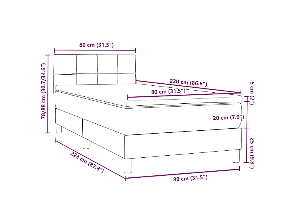 Cama box spring con colchón terciopelo verde oscuro 80x220 cm