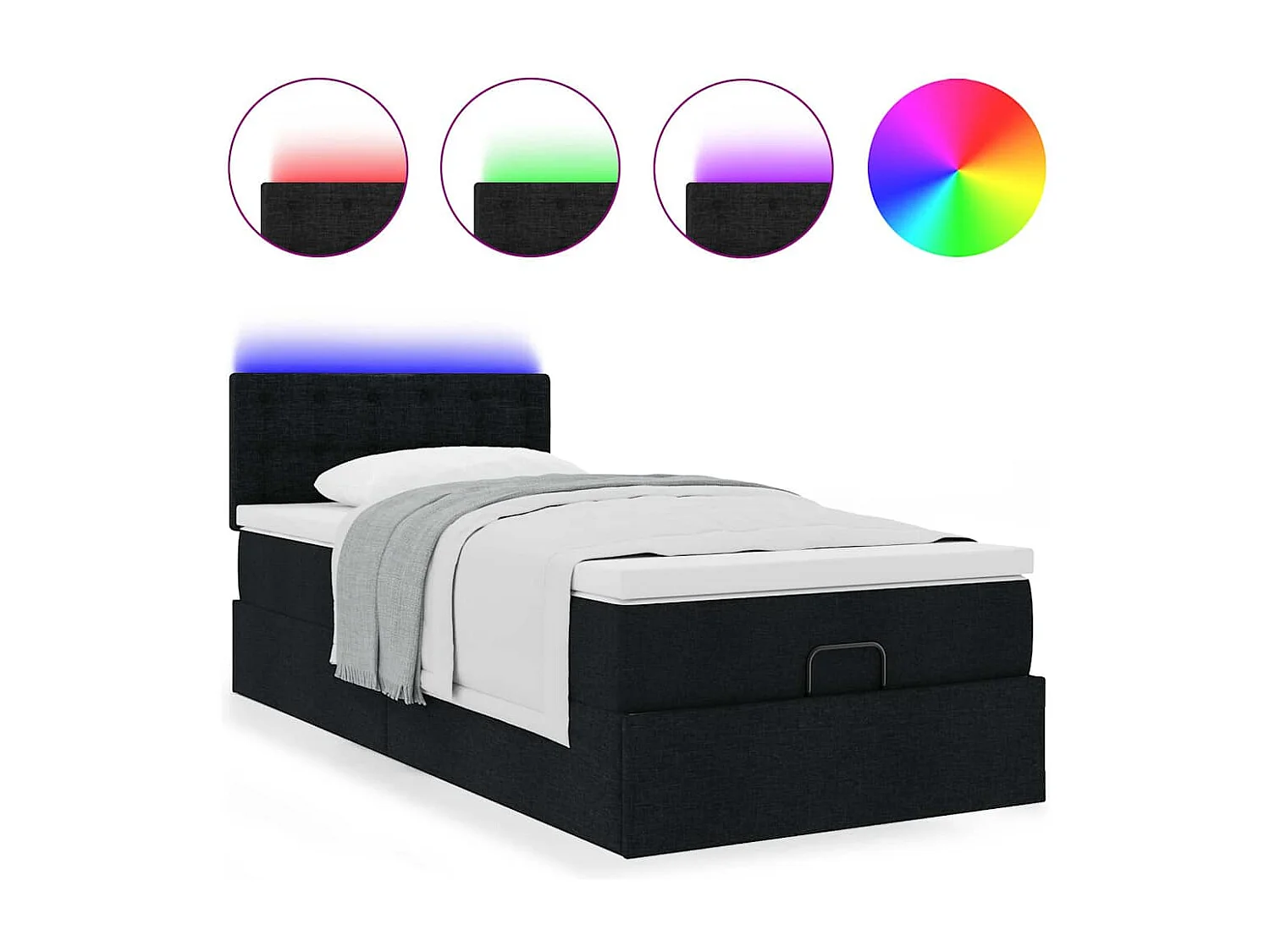 Pouf Letto con Materasso e LED Nero 80x200cm in Tessuto