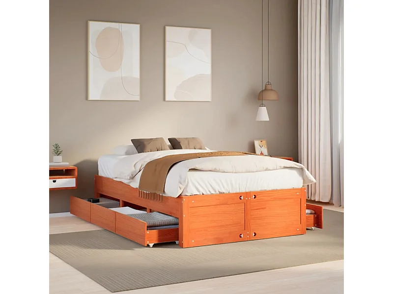 Massivholzbett ohne Matratze mit Schubladen Braun 135x190 cm