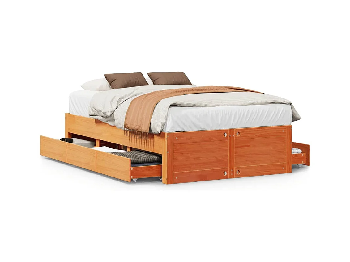 Massivholzbett ohne Matratze mit Schubladen Braun 135x190 cm