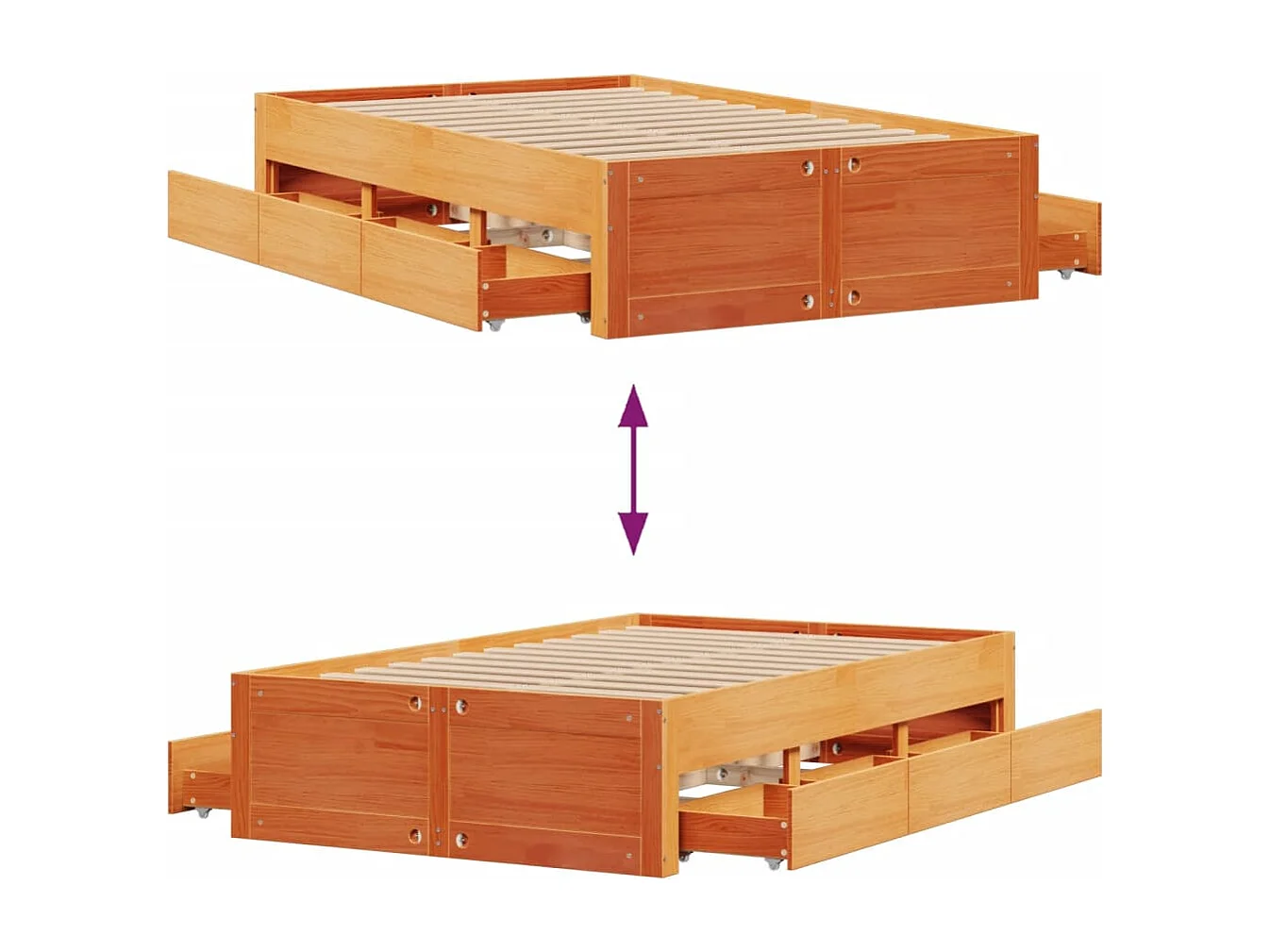 Massivholzbett ohne Matratze mit Schubladen Braun 135x190 cm
