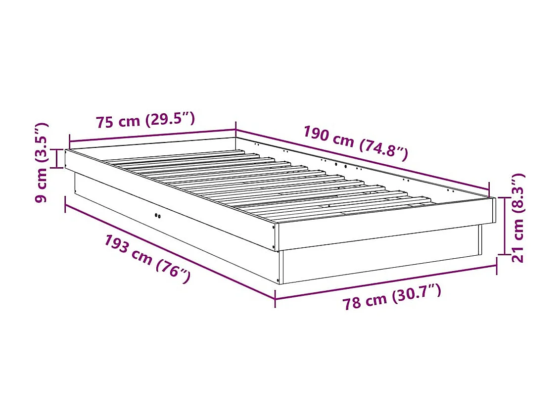 Cadre de lit sans matelas 75x190 cm bois massif de chêne