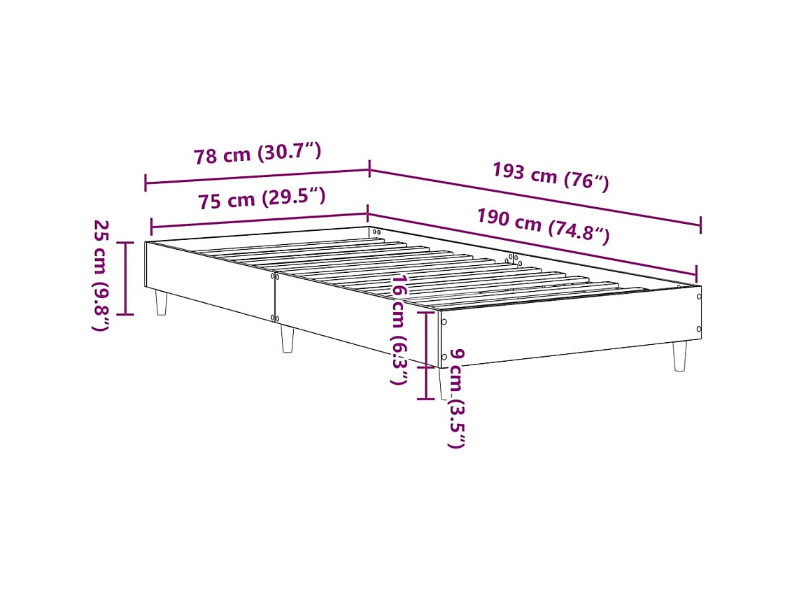 Cadre de lit sans matelas gris béton 75x190cm bois d'ingénierie