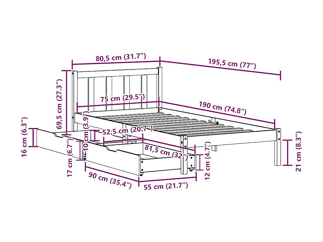 Massivholzbett ohne Matratze Wachsbraun 75x190 cm Kiefernholz