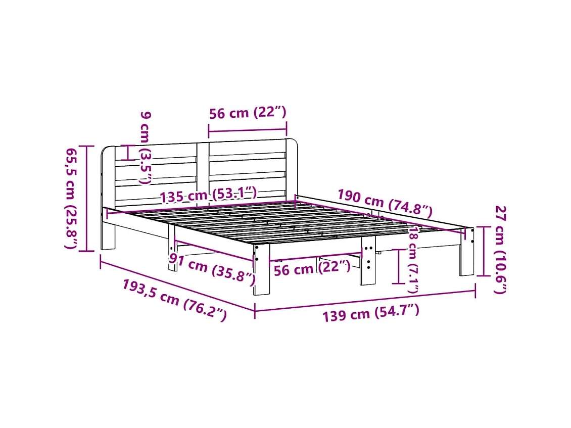 Bedframe zonder matras massief grenenhout 135x190 cm