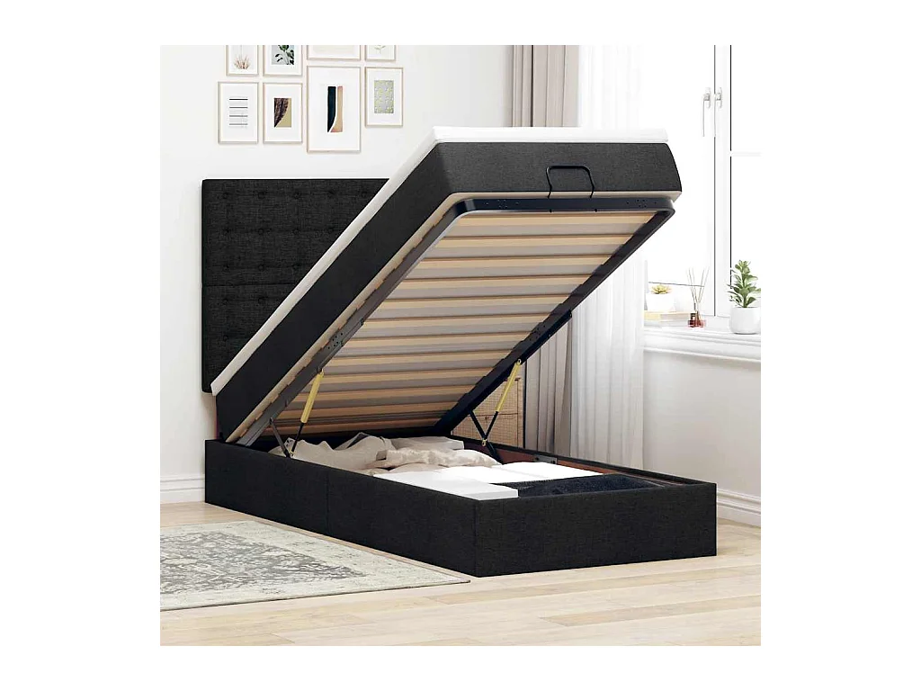 Struttura Letto Pouf con Materasso Nero 80x200 cm in Tessuto