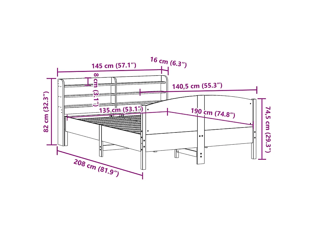 Letto senza Materasso Marrone Cera 135x190 cm in Legno di Pino