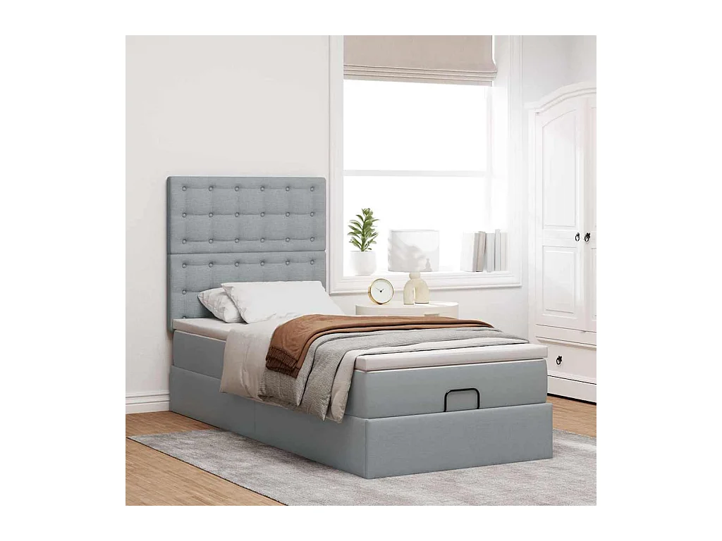 Lit ottoman avec matelas et LED Gris clair 80x200cm tissu