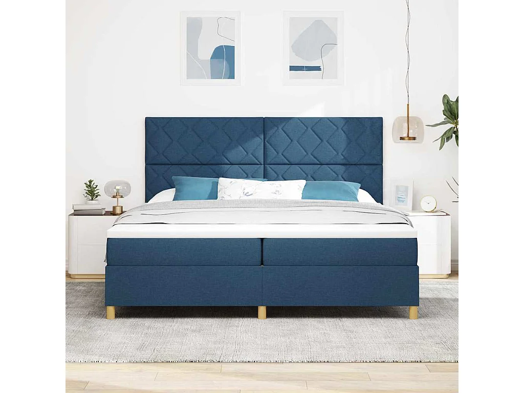Lit à ressort LED avec tête de lit Bleu 200 x 200 cm tissu
