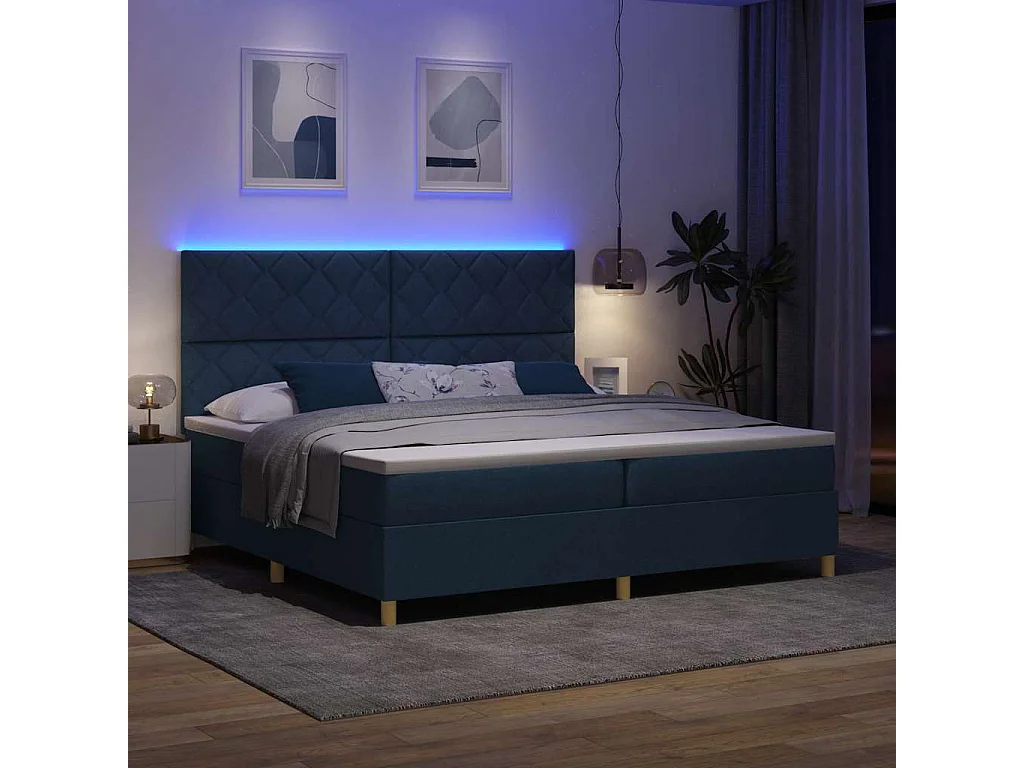Lit à ressort LED avec tête de lit Bleu 200 x 200 cm tissu