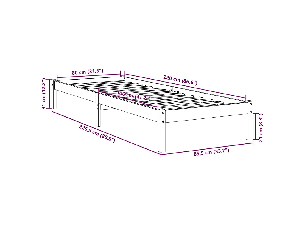 Cadre de lit extra long sans matelas 80x220 cm bois massif pin