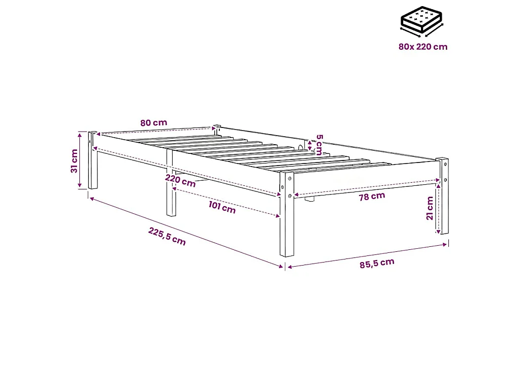 Cadre de lit extra long sans matelas 80x220 cm bois massif pin