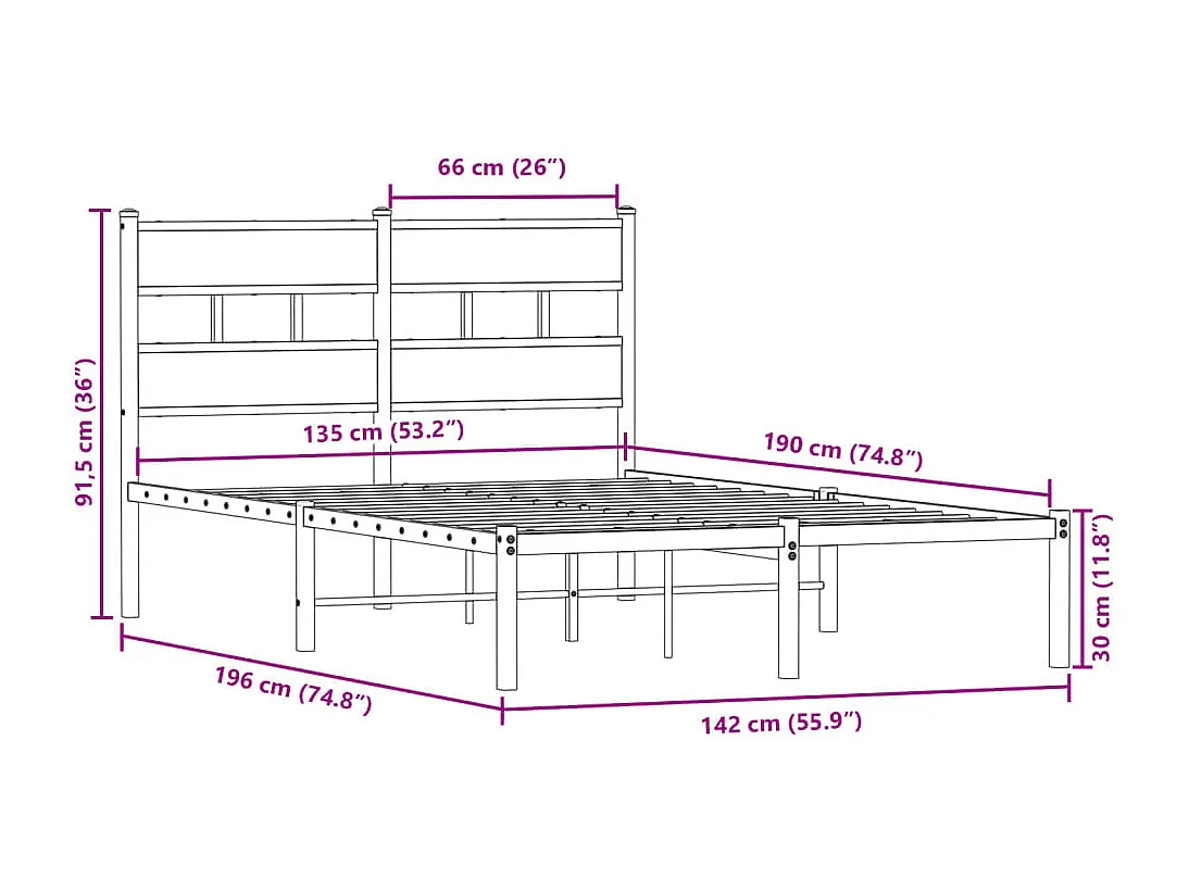 Cadre de lit en métal sans matelas chêne fumé 135x190 cm