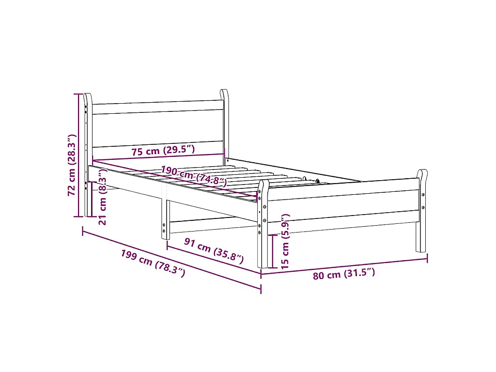 Letto senza Materasso Marrone Cera 75x190 cm in Legno di Pino