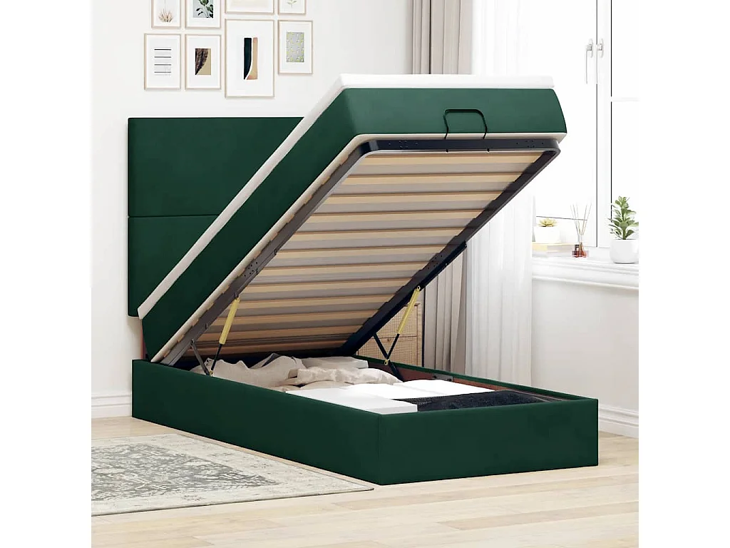 Cadre de lit ottoman avec matelas vert foncé 80x200 cm velours