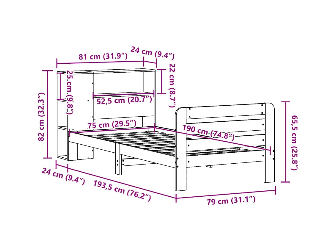 Cadre de lit sans matelas cire marron 75x190 cm bois pin massif