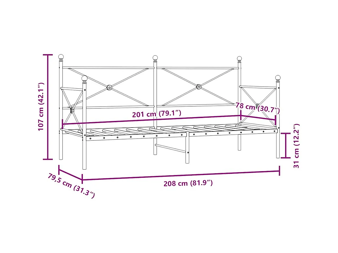 Dormeuse senza Materasso Bianco 80x200 cm in Acciaio