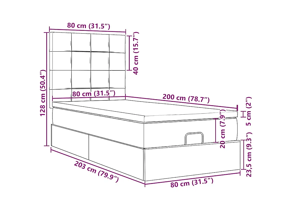 Cadre de lit ottoman avec matelas crème 80x200 cm tissu