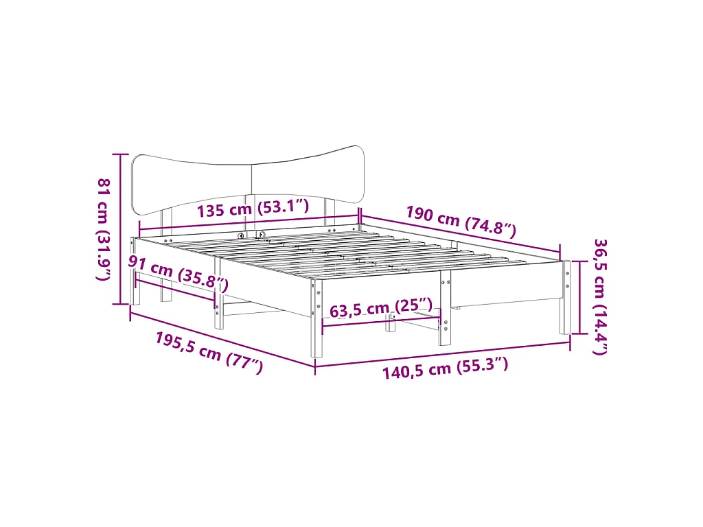 Bedframe zonder matras massief grenenhout wit 135x190 cm